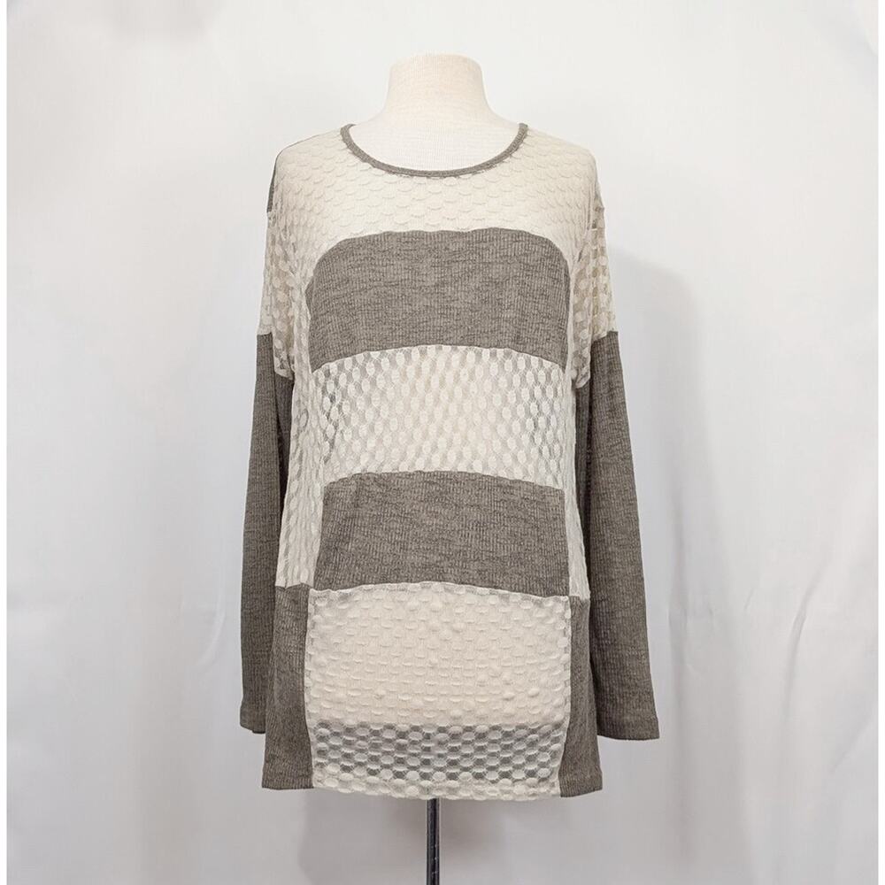 A'Reve Tunic Top Beige Cream Lace Ribbed Knit Shirt Women's Size M